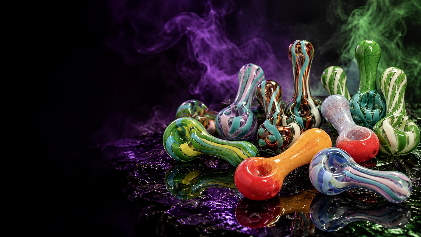 Styled campaign scene featuring a broad collection of colorful glass forms